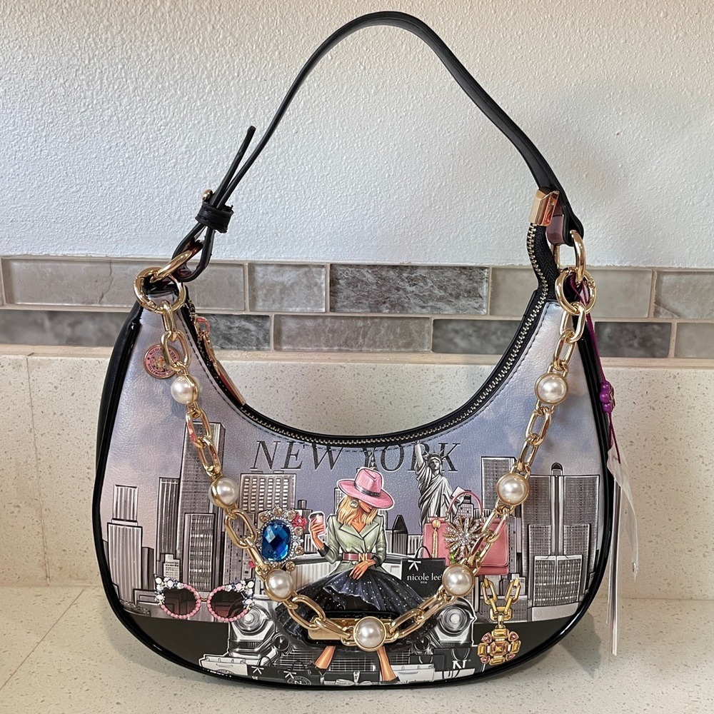 NEW Nicole Lee New York City Skyline Embellished Hobo Bag Pearl Rhinestone‎